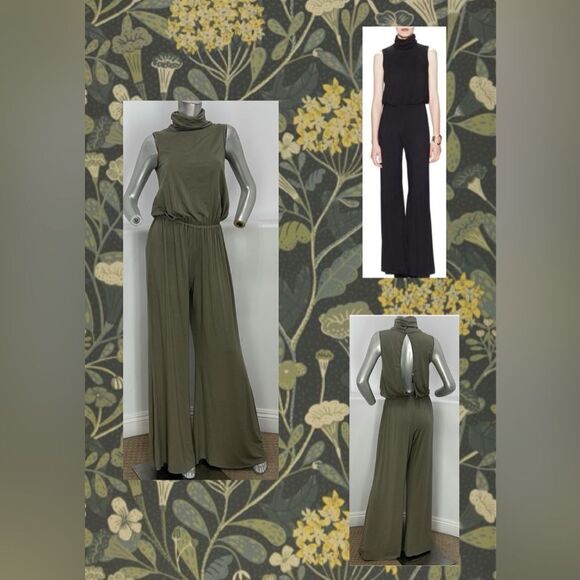 Rachel Pally Olive Green Brando Turtleneck Cut Out Back Wide Leg Jumpsuit - Picture 1 of 7